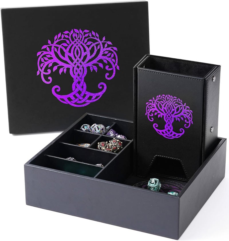 Soar Forge Dice Tray and Dice Tower for DND and RPG - All-in-One Game Roamer Tray & Large Tower for Random Rolls - Stores Your Sets, Mini's and More Compatible with D&D (Purple Tree) - Image 1